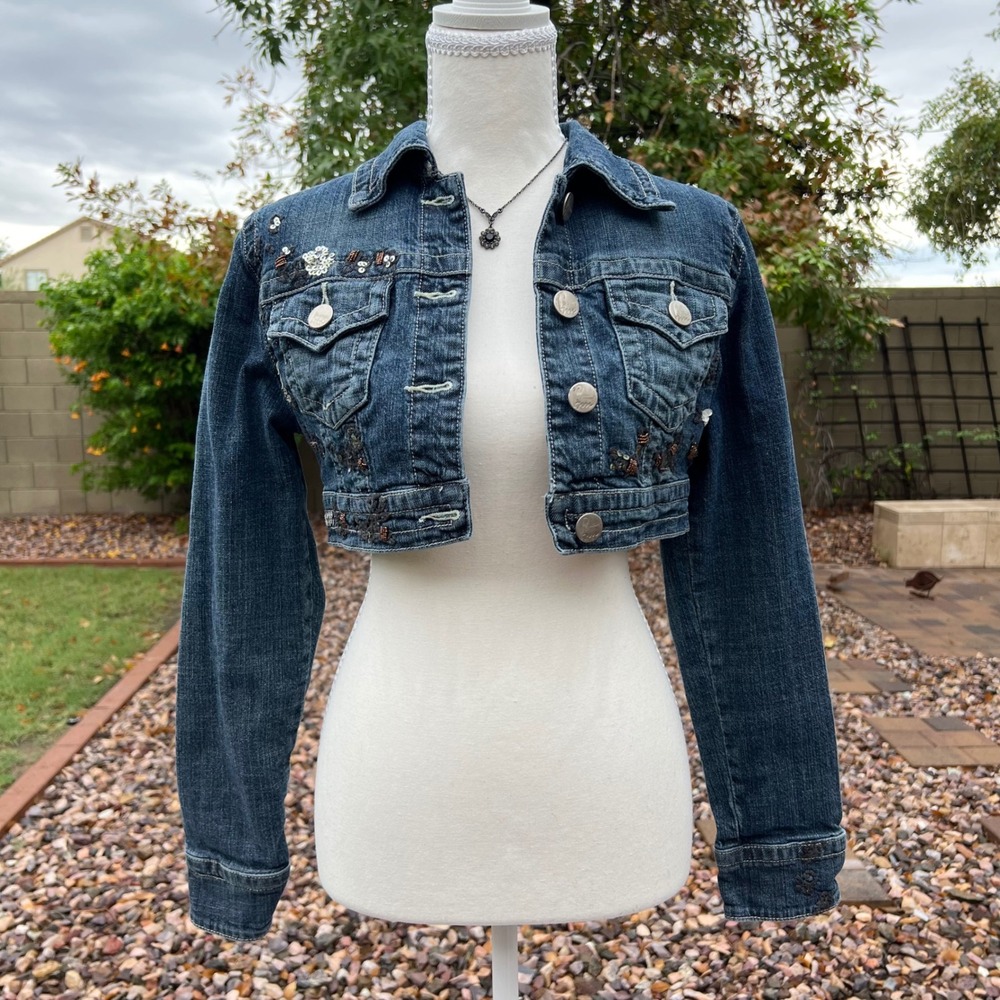 vintage y2k cropped denim jacket with sequin embellishments